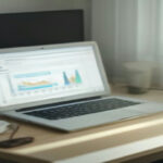A modern home office desk with a laptop displaying remote worker analytics and data validation tasks.