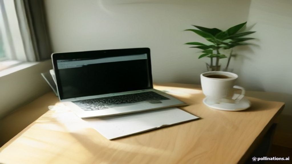 Minimalist home office desk with a laptop and notebook used for reviewing online work guidelines.
