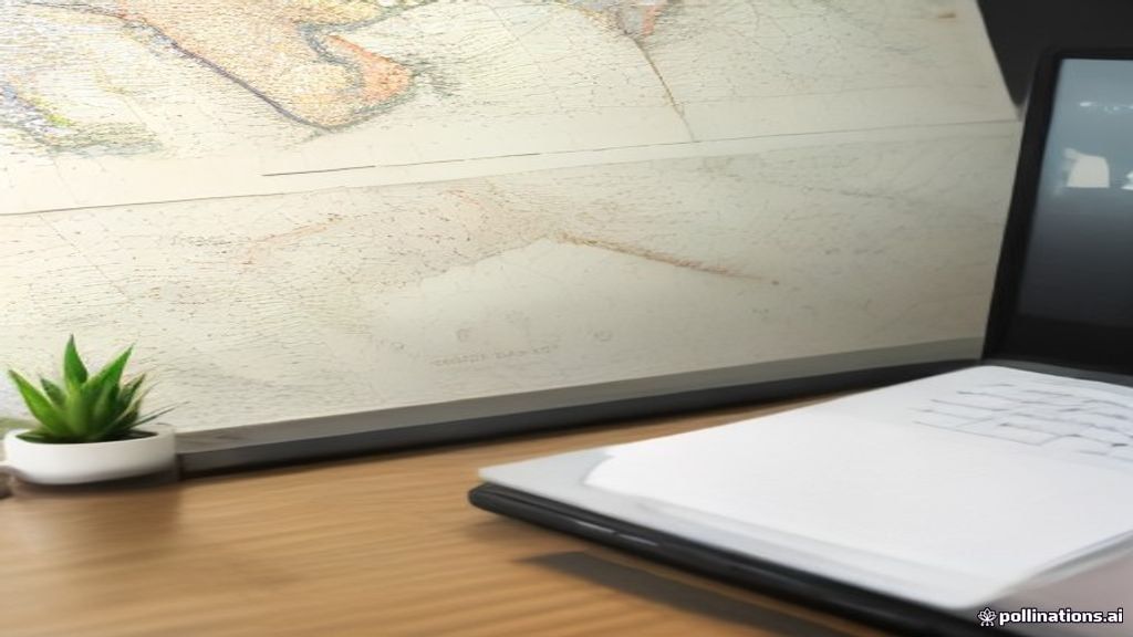 A modern home office setup with a laptop screen displaying geographic research tools for a map evaluation position.