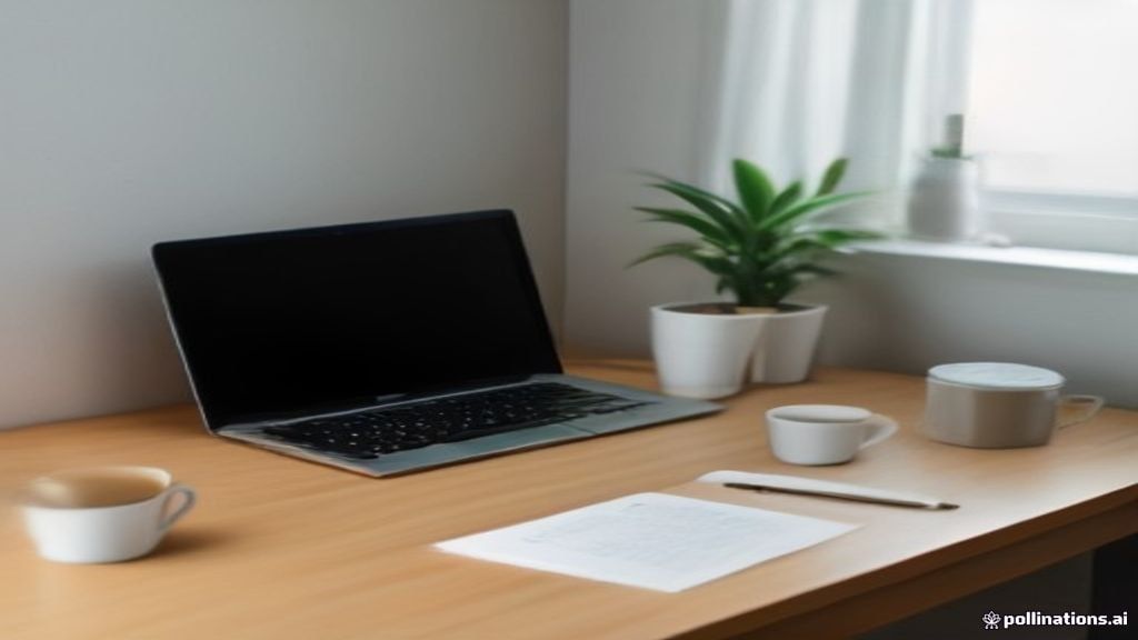 Minimal home office workspace with a laptop and research notes prepared for online search evaluation work.