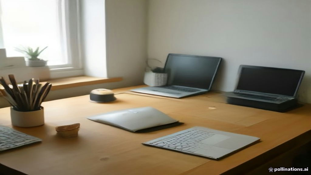 A clean work-from-home desk setup with audio headphones and a computer for transcription work.