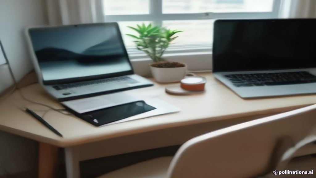 A remote working setup featuring a laptop open to a workstation platform on a wood desk.
