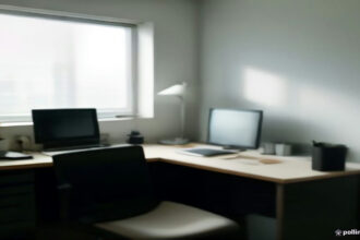 A laptop resting on a wooden desk displaying network analytics in a modern minimalist home office.