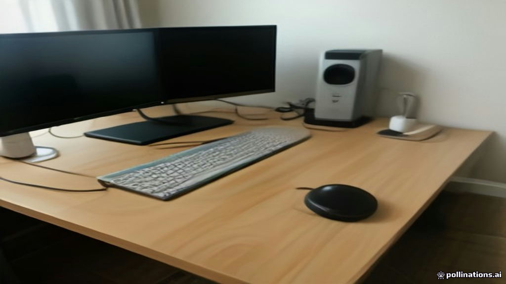 Dual monitor home office desk setup with noise canceling USB headset prepared for remote customer service work.