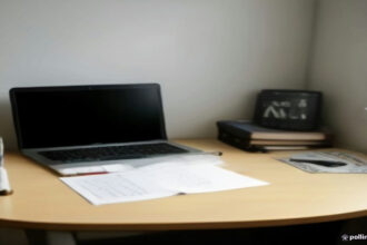A modern laptop setup on a tidy wooden desk arranged for online tutoring sessions.