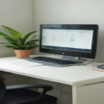 An organized tutoring desk with study notes and a laptop showing test preparation materials for medical entrance exams.
