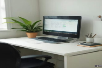 An organized tutoring desk with study notes and a laptop showing test preparation materials for medical entrance exams.