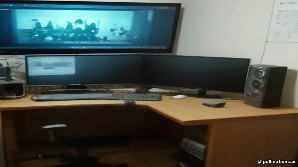Video creator workstation showing video editing equipment and analytics on a screen.