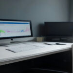Modern video creator workspace featuring monitor displaying analytics graphs and audio gear.