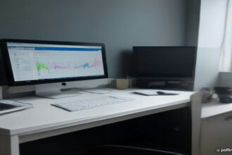 Modern video creator workspace featuring monitor displaying analytics graphs and audio gear.