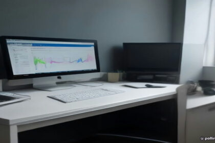 Modern video creator workspace featuring monitor displaying analytics graphs and audio gear.